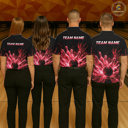 Men women bowling team wearing Red Flames bowling uniforms and professional bowling team jerseys