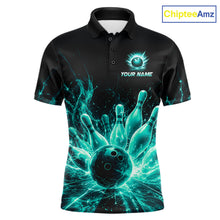 Load image into Gallery viewer, Teal Flames Bowling Ball and Pins men's bowling polo shirt custom thunder bowling team uniform