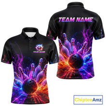 Load image into Gallery viewer, Colorful Flames Bowling Ball and Pins men's bowling polo shirt custom bowling team jersey, vibrant bowling apparel