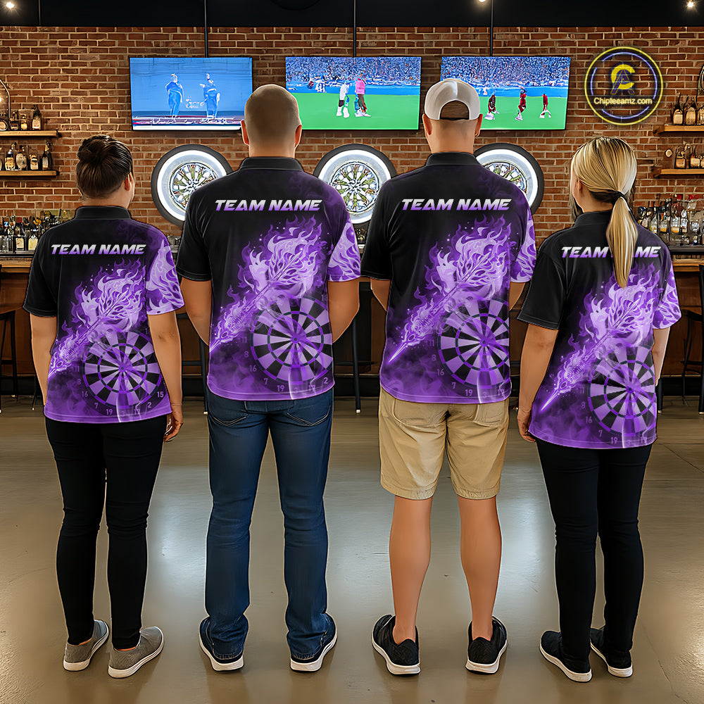 Custom Smoke Purple Fire Flaming Dart Arrow Women Darts Polo League Shirts Dart Team Jerseys NYN2214