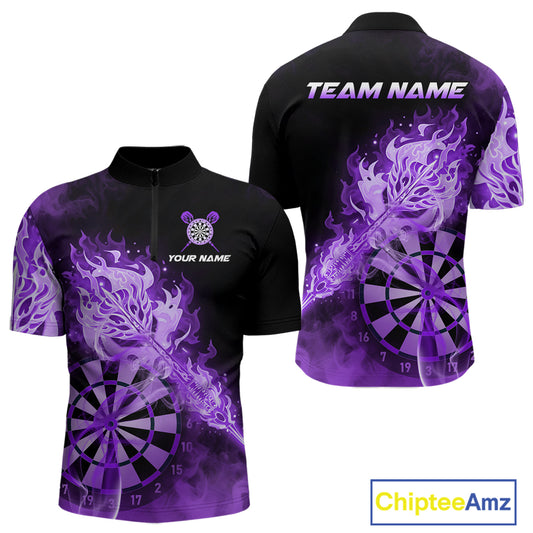 Custom Smoke Purple Fire Flaming Dart Arrow Men Darts Quarter-Zip League Shirts Dart Team Jerseys NYN2214