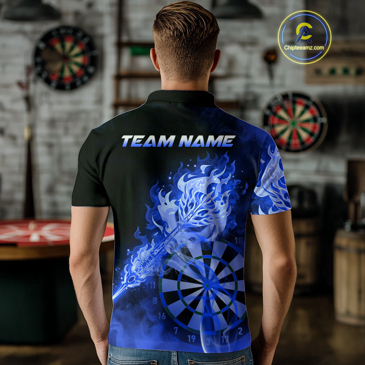 Custom Smoke Blue Fire Flaming Dart Arrow Men Darts Polo League Shirts Dart Team Jerseys NYN2215
