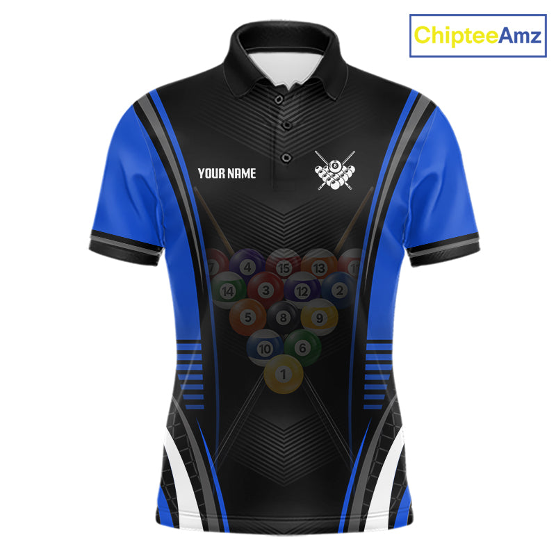 Black & Blue Billiard Polo featuring personalized player name, custom billiard team jersey, moisture-wicking tournament apparel, cue sports performance clothing.