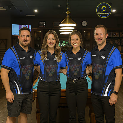 Pool team wearing matching Black & Blue uniforms, personalized team names, pool tournament apparel, esports-inspired sportswear, teamwork, competitive excellence, modern cue sports fashion.
