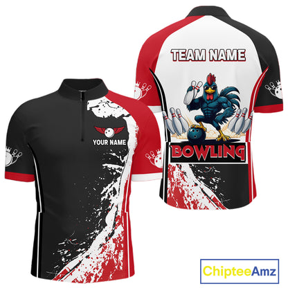 Personalized Funny Rooster Bowling Polo & 1/4-Zip Shirts For Men Splatter Bowling Team Jersey NYN2725