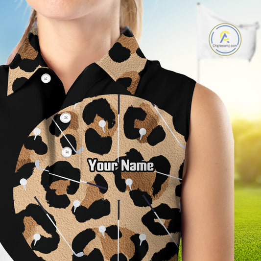 Women's model wearing Brown Leopard Golf Polo Shirt, fashionable golf apparel, leopard sportswear, matching golf couple outfit, personalized golf team clothing, stylish golf gift.