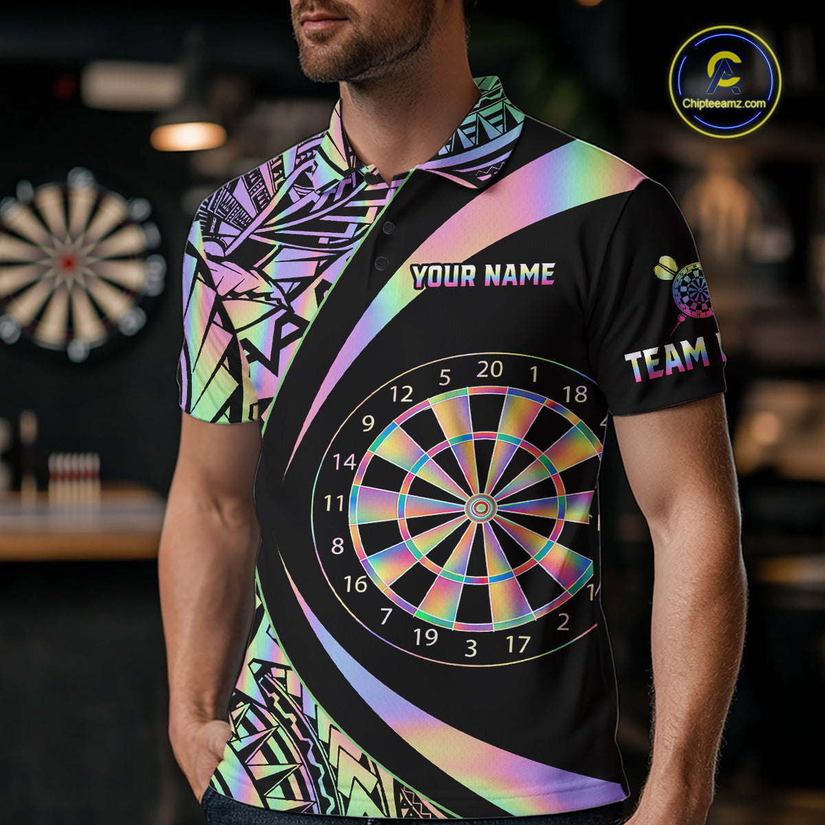 Black & Holographic Rainbow Tribal Dartboard Darts Polo Shirt For Men Custom Dart Team Jerseys NYN2522