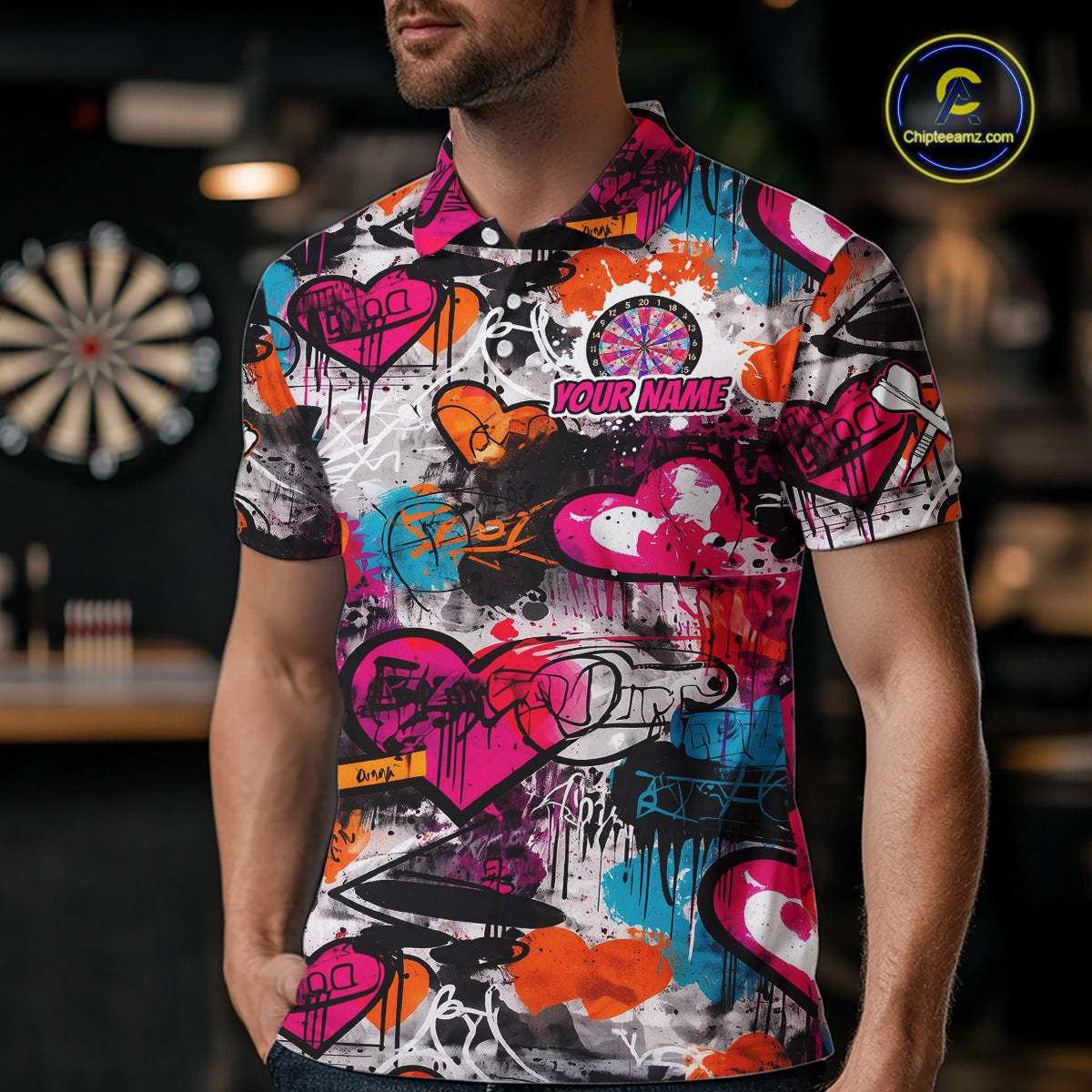 Colorful Heart Graffiti Dartboard Men Darts Polo Shirt Custom Couple Dart Valentine Jerseys NYN2528
