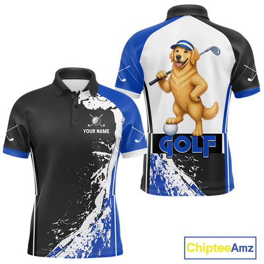 Funny Golden Retriever Men's Golf Polo Shirt mockup featuring blue splatter dog design, personalized golf apparel, custom golf team polo, pet lover golf clothing.