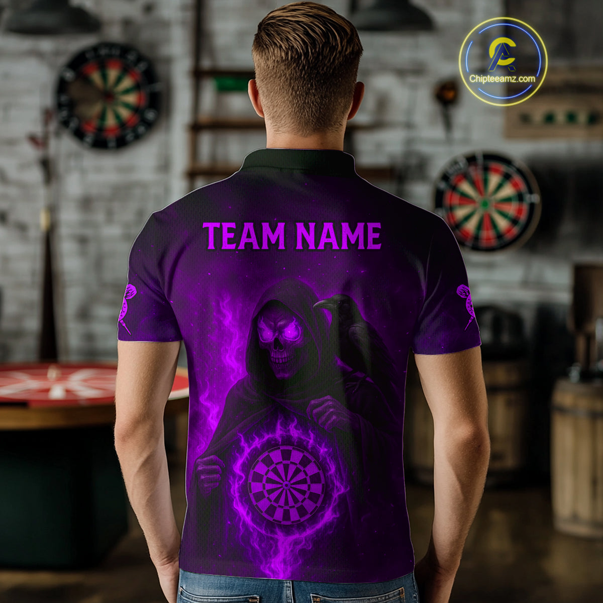 Custom Purple Flames Raven Grim Reaper Dartboard Dart Polo Shirt For Men Dart Outfit Jersey NYN1453
