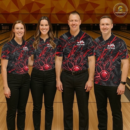 Black And Red Strikes Grunge Bowling Polo & 1/4-Zip Shirt For Men Custom Thunder Bowling Team Jersey NYN3268
