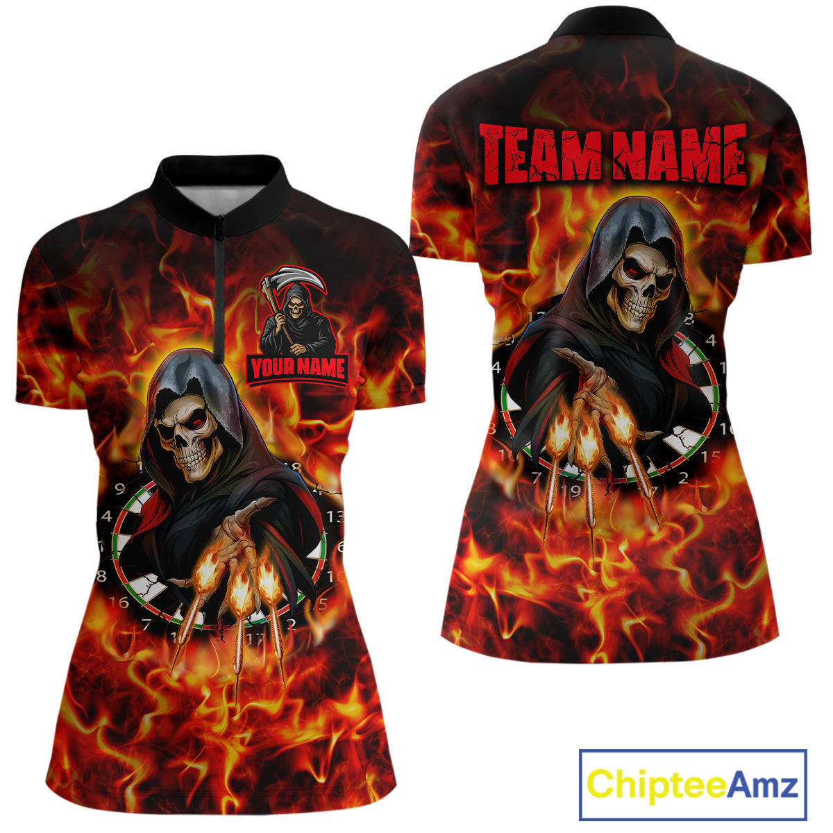 Grim Reaper Flaming Dartboard & Arrows Darts Shirt For Women - Custom Name & Team Jersey NYN0585