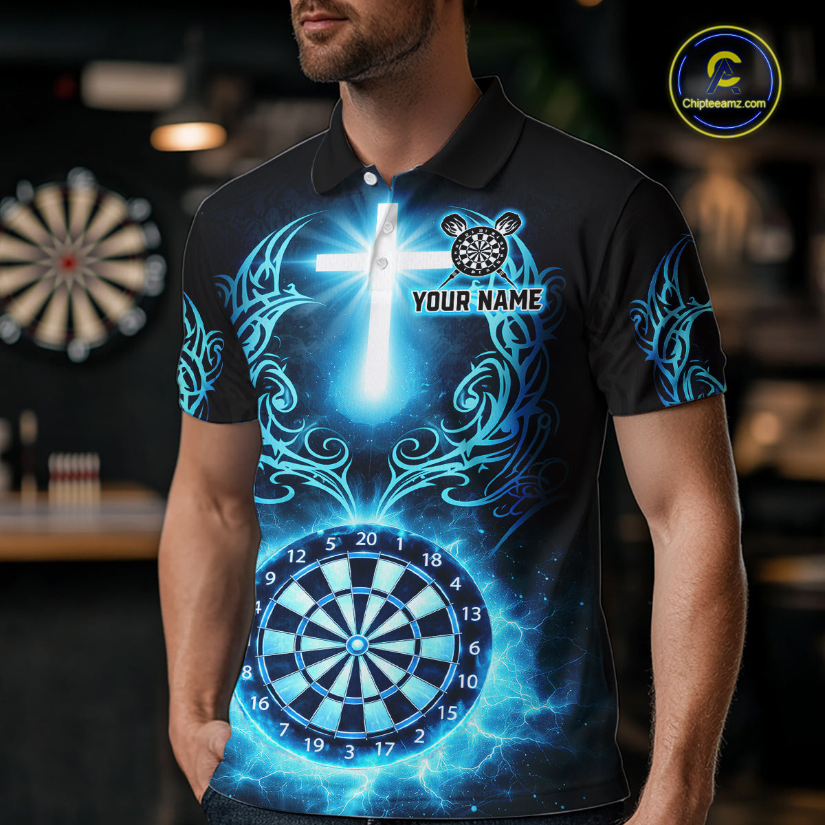 Thunder Blue Dartboard Cross Men Darts Team Shirt Personalized Tribal Dart Polo Jerseys NYN2555