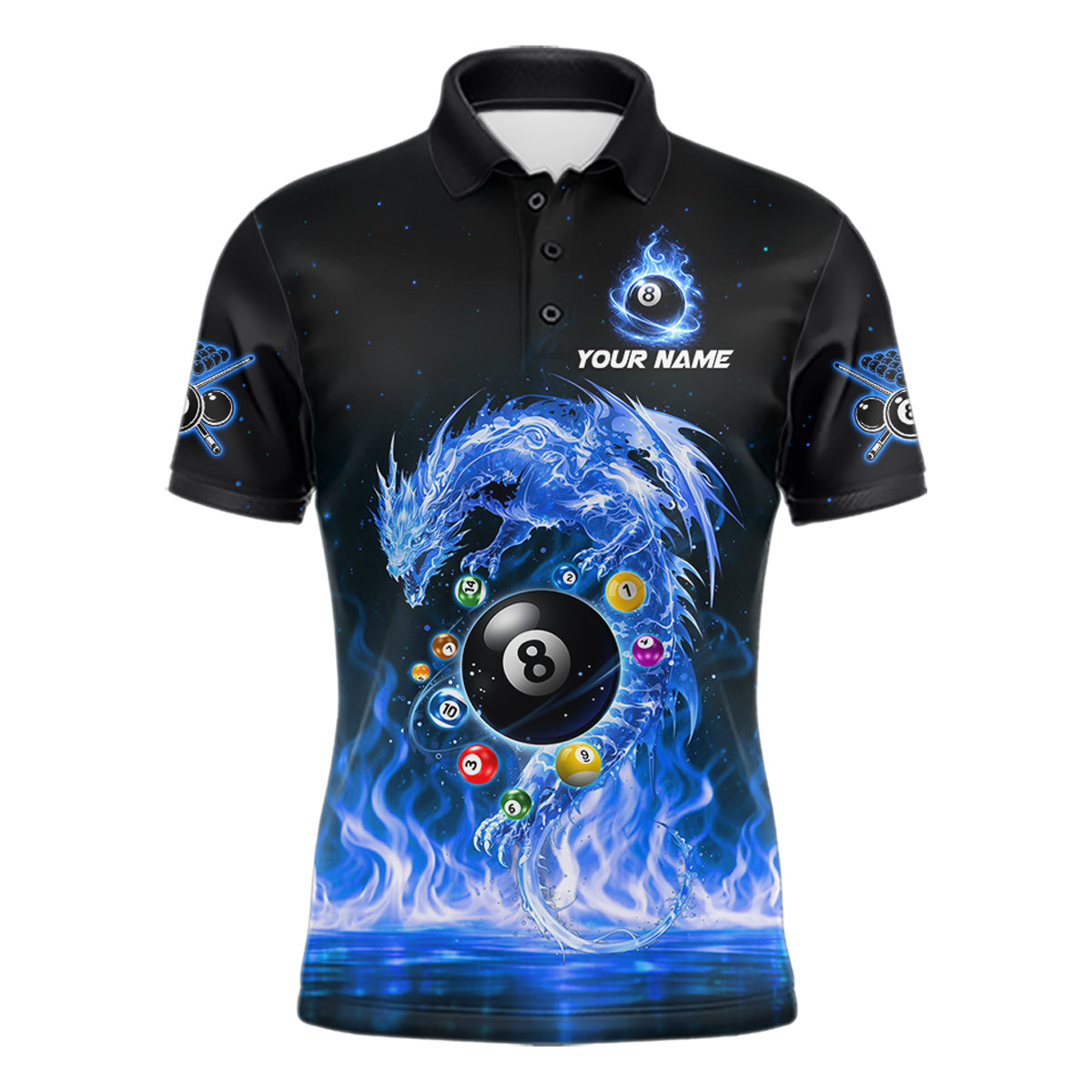 Fire Flame Dragon Pool 8 Ball Men's Billiard Shirt Custom Billiard Team League Attire|Blue NYN2557