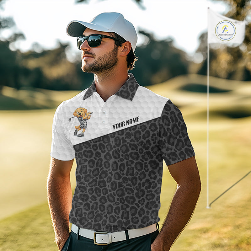 Golden Retriever Golf Shirt Personalized Black Leopard Pattern Funny Golf Polos For Men NYN3331