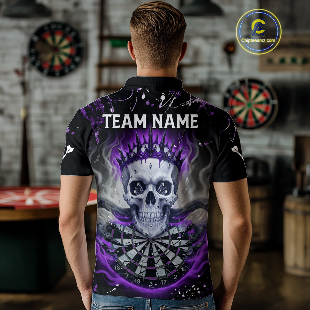 Grey Purple Smoke Crown Skull Dartboard Custom Mens Polo Dart Shirt Splatter Dart Jerseys NYN1772
