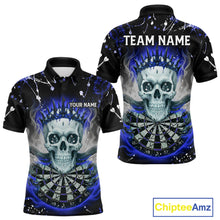 Load image into Gallery viewer, Grey Blue Smoke Crown Skull Dartboard Custom Mens Polo Dart Shirt Splatter Dart Jerseys NYN1774