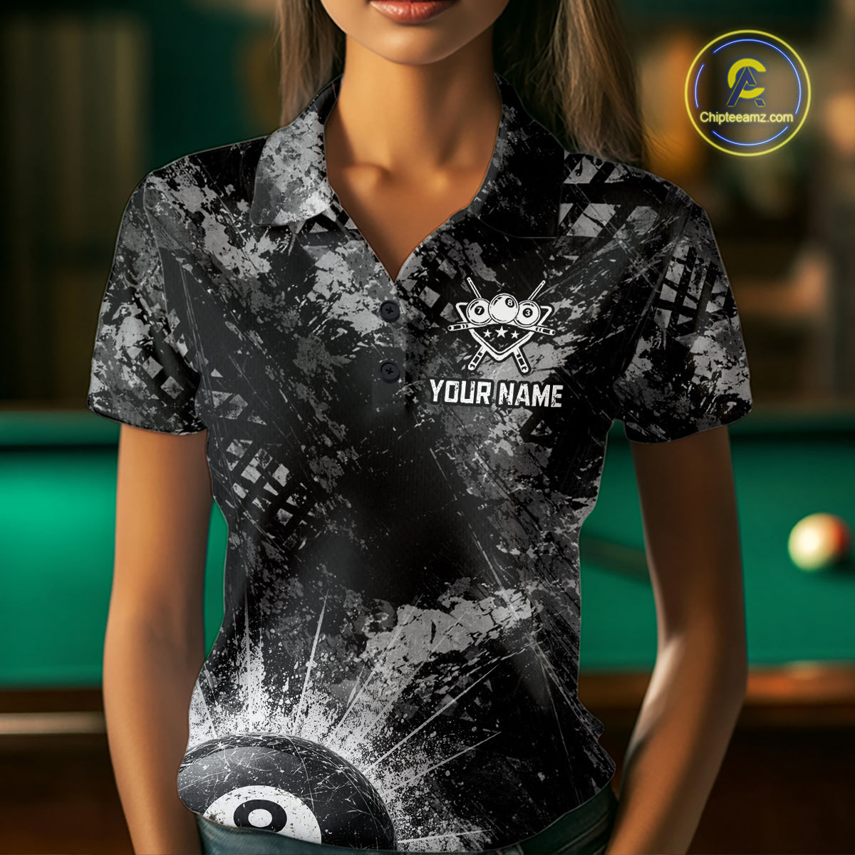 Black White Grunge Pool 8 Ball Billiard Shirt For Women Personalized Ball Billiard Attire Gifts NYN2569