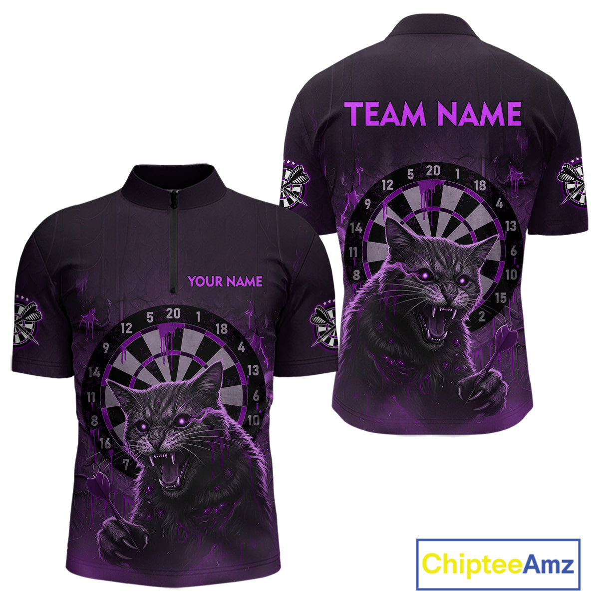 Funny Cat Purple Dripping Dartboard Custom Men's Quarter-Zip Darts Shirt Outfits Darts Jersey NYN1802