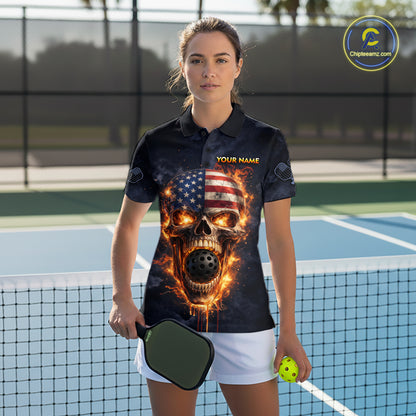 Custom US Flag Skull Fire Flame Pickleball Ball & Paddle T-Shirt Pickleball Jersey For Women NYN2579