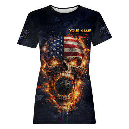 Custom US Flag Skull Fire Flame Pickleball Ball & Paddle T-Shirt Pickleball Jersey For Women NYN2579