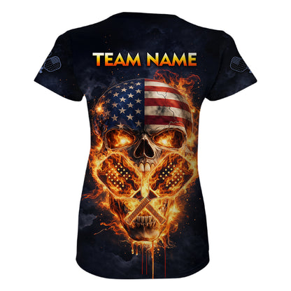 Custom US Flag Skull Fire Flame Pickleball Ball & Paddle T-Shirt Pickleball Jersey For Women NYN2579