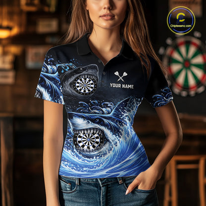 Personalized Funny Shark Waving Blue Dartboard Women Darts Polo Shirt Custom Darts Team Jerseys NYN2583
