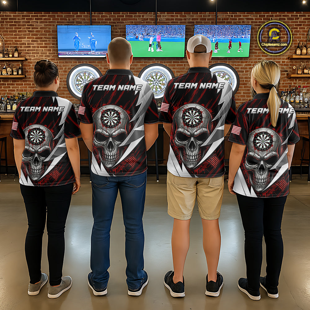 Silver Skull Red Grunge US Flag Men Darts Polo Shirt Custom Name Dart League Jerseys NYN2061