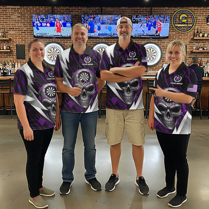 Silver Skull Purple Grunge US Flag Men Darts Polo Shirt Custom Name Dart League Jerseys NYN2062