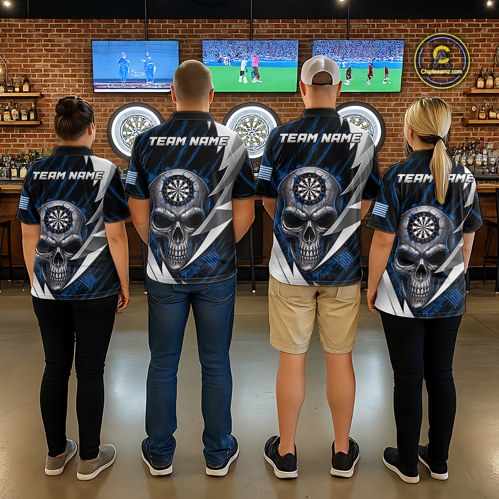 Silver Skull Blue Grunge US Flag Men Darts Quarter-Zip Shirt Custom Name Dart League Jerseys NYN2063