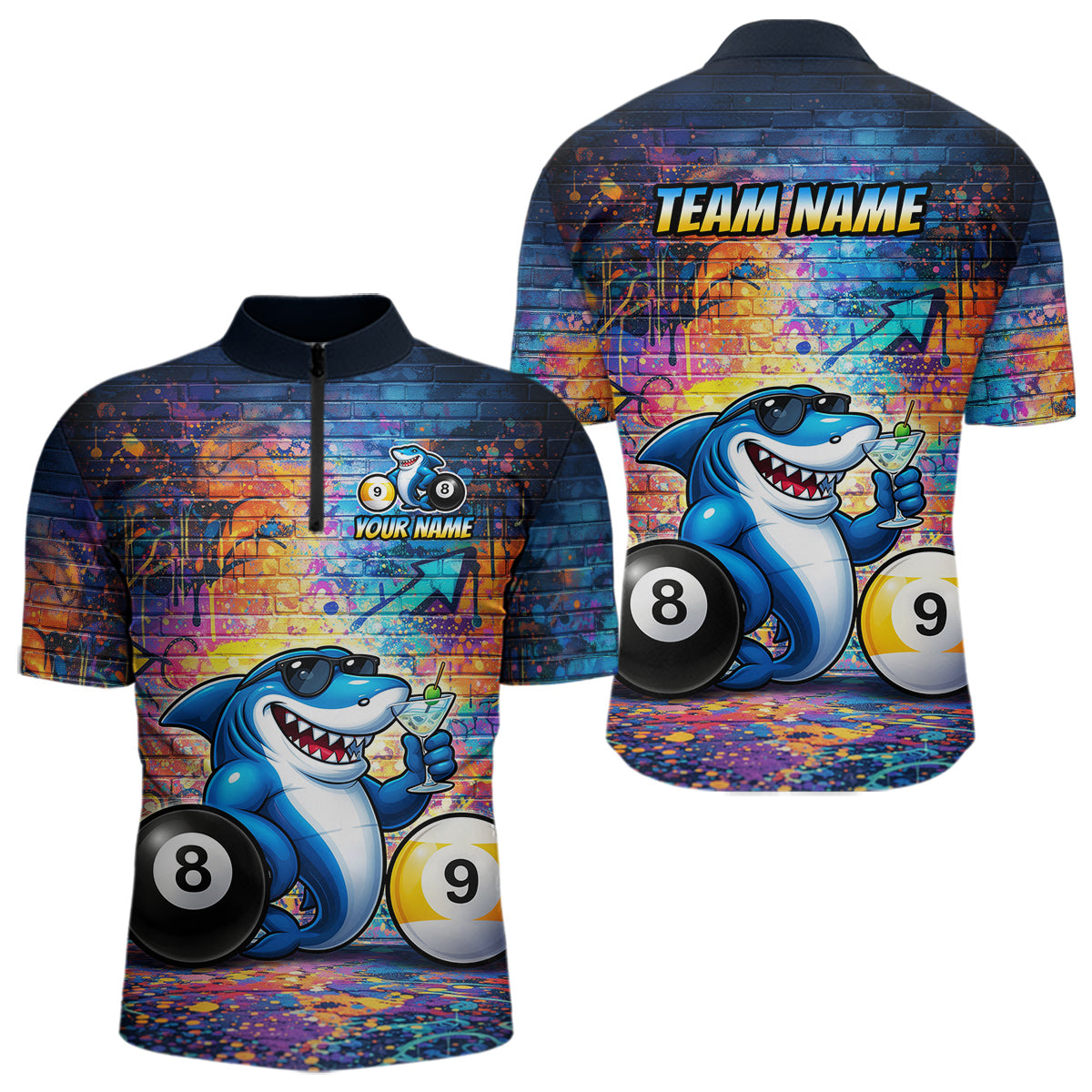 Custom Funny Shark Pool 8 Ball & 9 Ball Men Billiard Shirt Personalized Graffiti Billiard Attire NYN2594