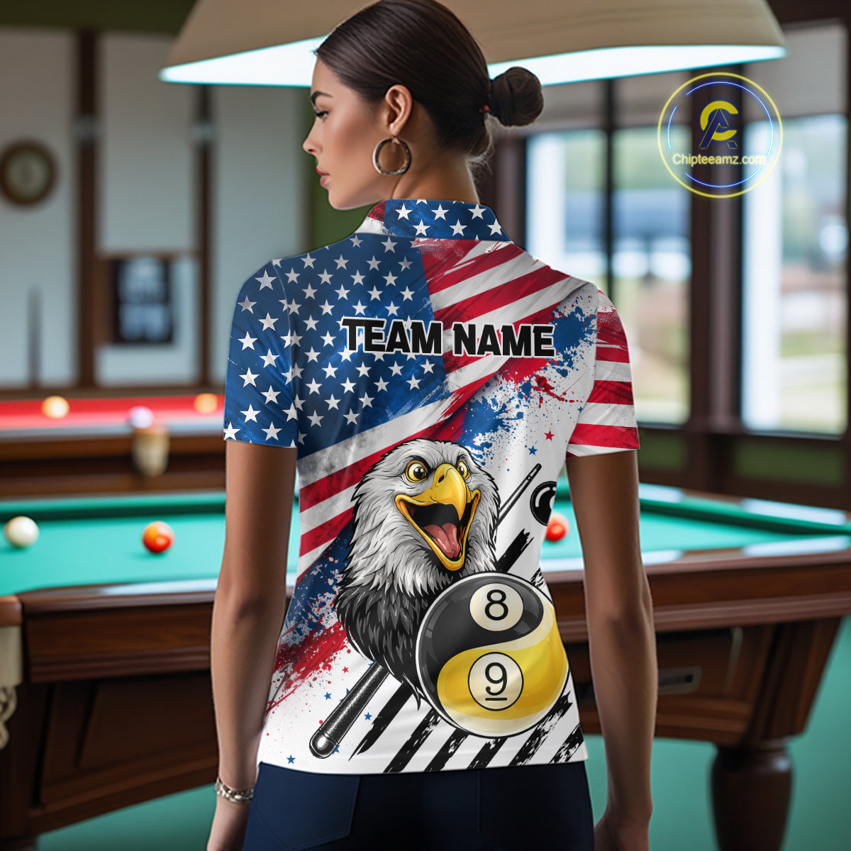 Splatter US Flag Yin And Yang 8 Ball & 9 Ball Women Billiard Shirt Custom Eagle Freedom Billiard Appeal NYN2767