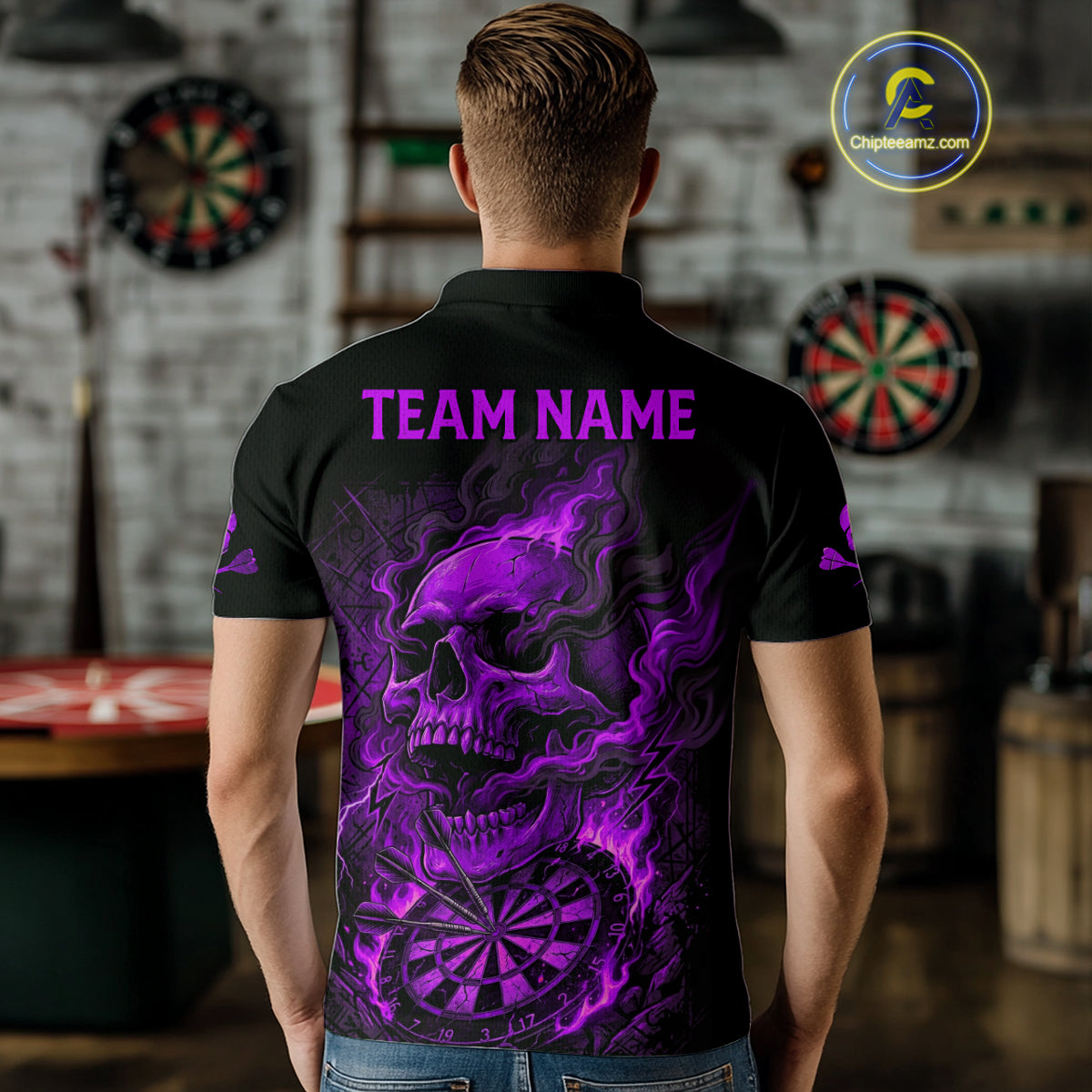 Fire Flame Skull Purple Grunge Dartboard Custom Dart Polo Shirt For Men Dart League Jerseys NYN2093
