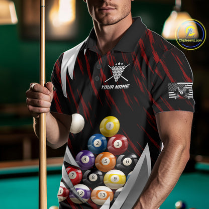 Red And Silver Pool Balls Billiard Team Polo & 1/4-Zip Shirt For Men Custom Billiard Apparel NYN2375