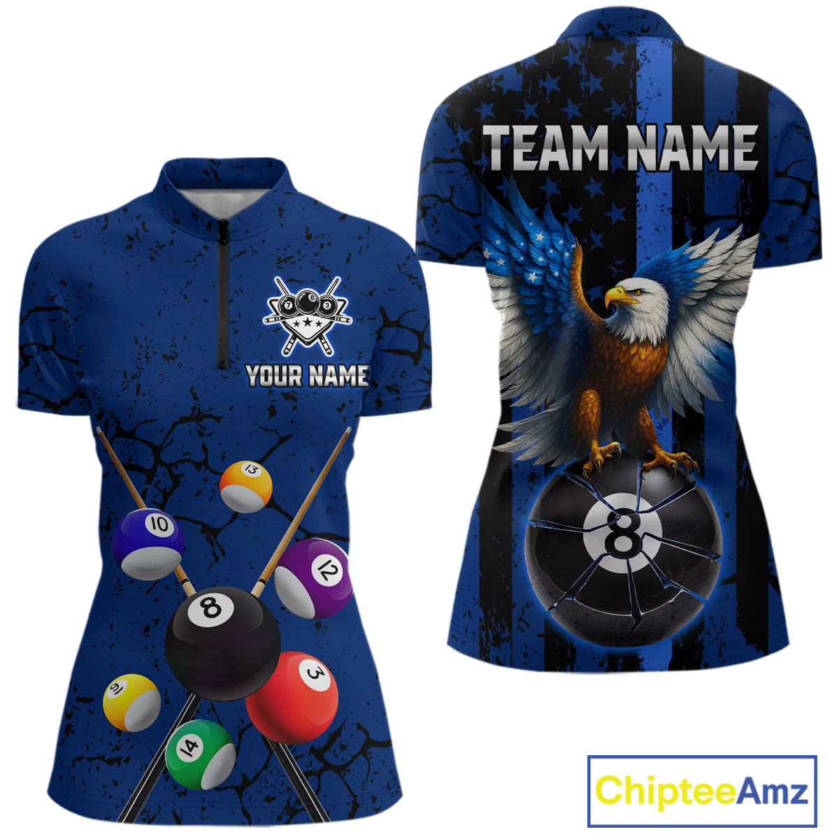 Eagle Crack 8 Ball Pool Women Billiard Team Shirt Custom Polo & 1/4-Zip Billiard Apparel|Blue NYN2382