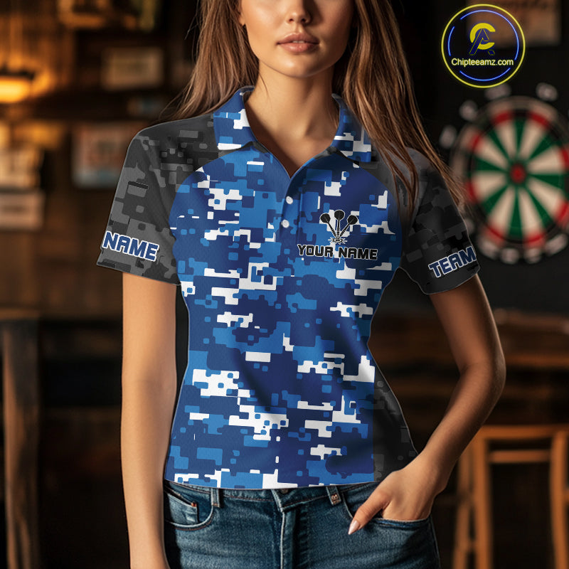 Blue And Black Camo Skull Dartboard Women's Darts Shirt Custom Name For Darts Jersey NYN0694