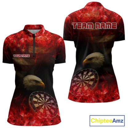 Custom Black And Red Flames Eagle Dartboard Darts 1/4-Zip Shirt For Women Outfit Darts Jerseys NYN0944