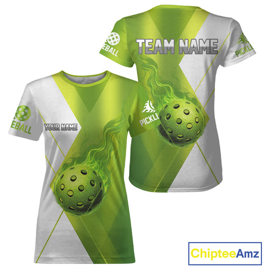 Custom White & Green Fire Flame Pickleball Ball T-Shirt For Women Outfit Pickleball Jersey NYN1342