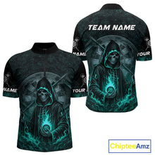 Load image into Gallery viewer, Custom Black-Turqoise Flames Skull Dartboard Darts 1/4-Zip Jerseys For Men, Darts Fan Uniform NYN0985
