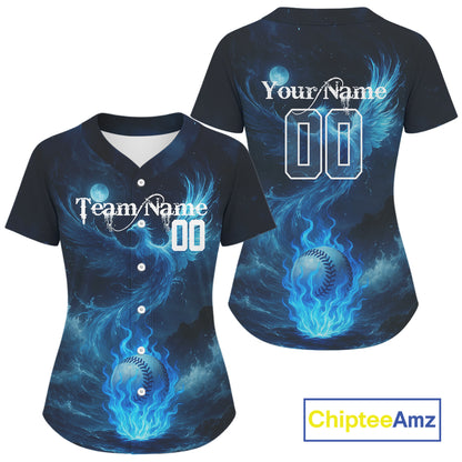 Custom Blue Flames Phoenix Baseball Ball Shirt For Women Outfits Baseball Jerseys NYN1352