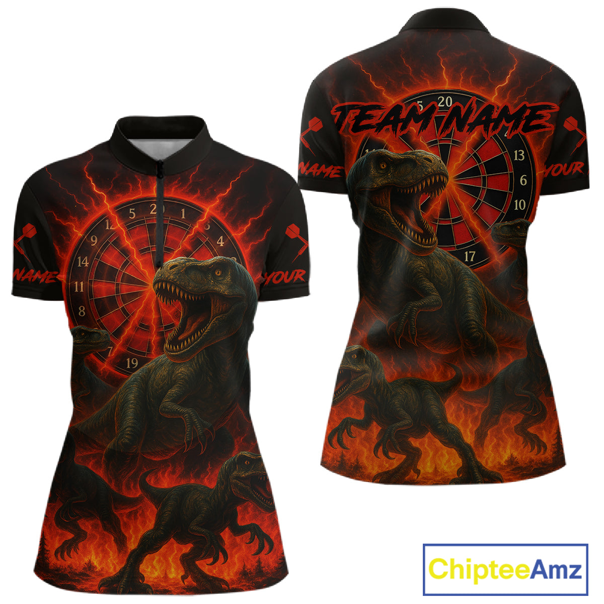 Custom Red Flaming Dinosaurs Dartboard 1/4-Zip Dart Shirt For Women Dinosaur Dart Jerseys NYN1358