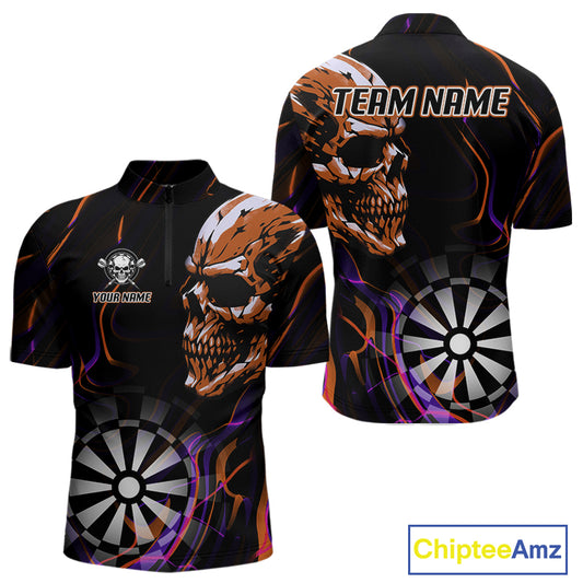 Custom Orange And Purple Skull Dartboard 1/4-Zip Dart Shirts For Men Darts Team Jersey NYN1000