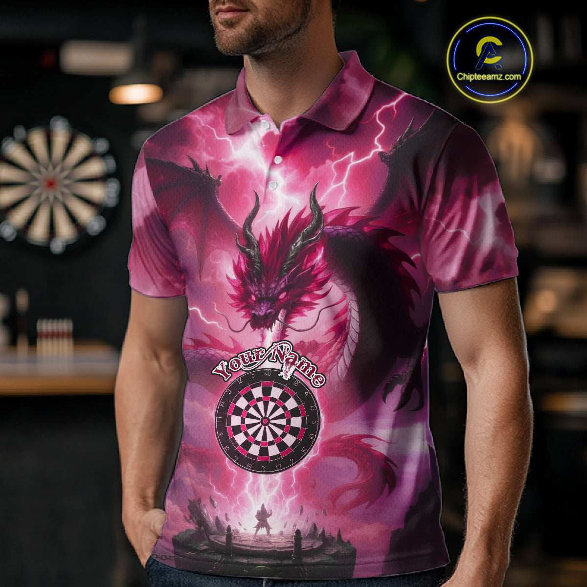 Custom Lightning Pink Thunder Dragon Dartboard Polo Dart Shirt For Men, Darts Team Jersey NYN1013