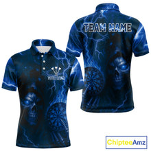 Load image into Gallery viewer, Personalized Blue Flames Skull Dartboard Darts Jersey Custom Men's Skull Darts Polo Shirt NYN1031