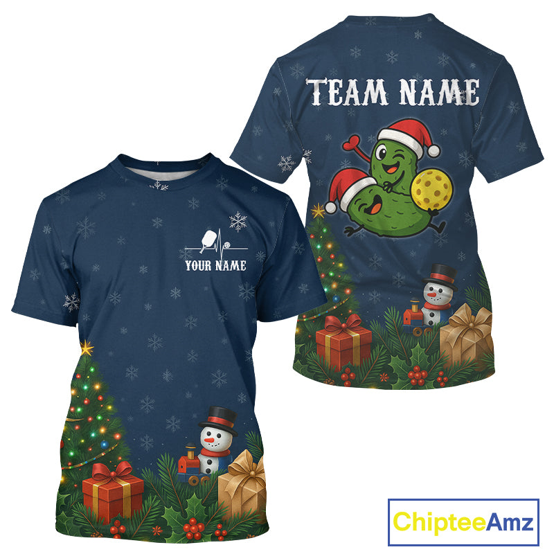 Custom Blue Snowflake Christmas Pickleball T-Shirt For Men Pickle Xmas Pickleball Jersey NYN1369