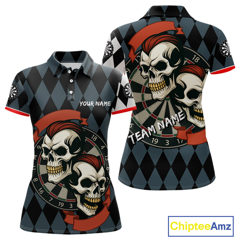 Red-Haired Skulls With Dartboard Women's Navy Darts Shirt - Custom Name For Players NYN0520