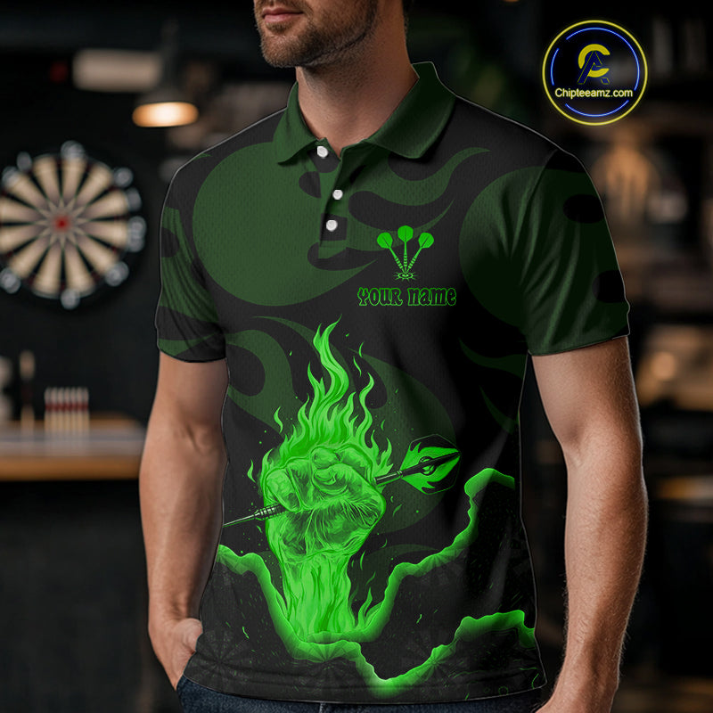 Custom Green Flaming Dart Arrow Polo & 1/4-Zip Darts Shirts Outfit Darts Jersey For Men NYN1052