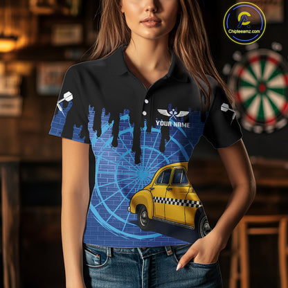 Blue Dartboard & Black Dripping Color Women's Darts Shirt - Custom Name For Players NYN0549