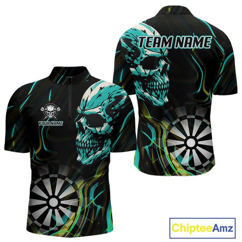 Turquoise Skull And Dartboard Custom Darts Quarter-Zip Shirts For Men, Darts Jersey NYN0777
