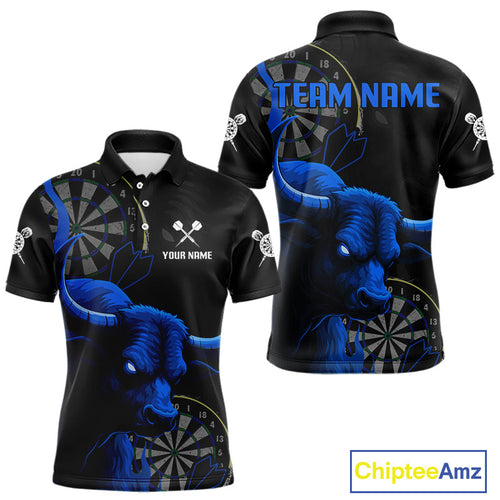 Blue Ferocious Bull Grunge Dartboard Darts Shirt For Men - Custom Name & Team Jersey NYN0610